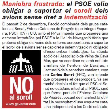 Not�cia publicada al n�mero 76 de la publicaci� L'Erampruny� sobre la retirada al Senat de l'esmena per modificar la Llei de Navegaci� A�ria (desembre 2009)